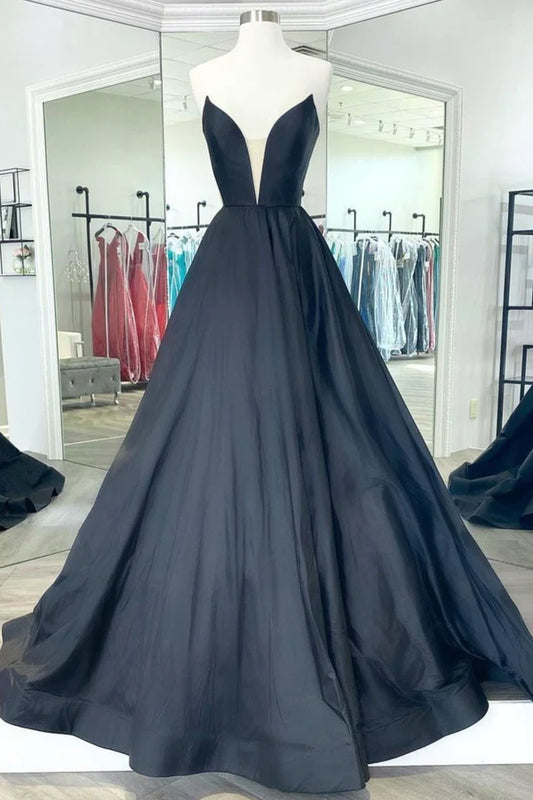 Black Strapless Satin Long Prom Dress Black A-Line Evening Dress