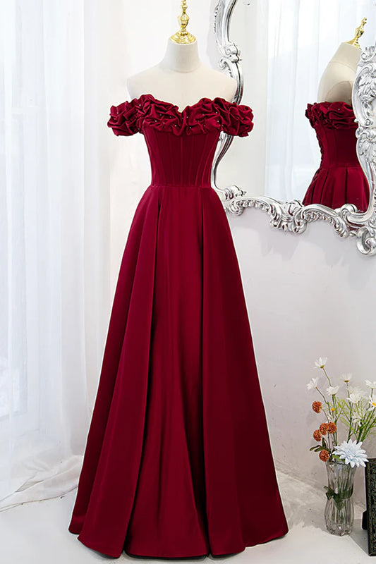 Burgundy Satin Off the Shoulder Beaded Long Formal Dress Burgundy A-Line Prom Dress