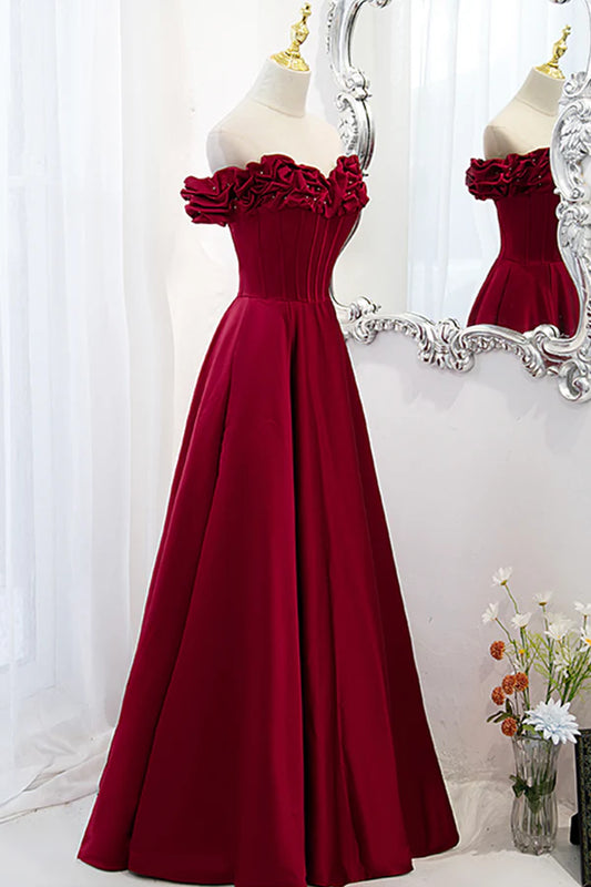 Burgundy Satin Off the Shoulder Beaded Long Formal Dress Burgundy A-Line Prom Dress