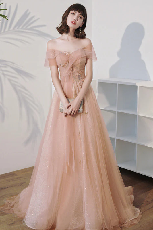 Pink Off the Shoulder Tulle Long Prom Dress Cute A-Line Evening Dress