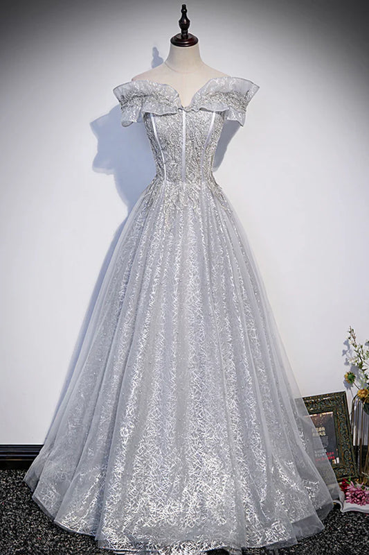 Gray Tulle Beaded Long A-Line Prom Dress Cute Evening Party Dress