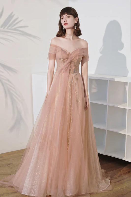 Pink Off the Shoulder Tulle Long Prom Dress Cute A-Line Evening Dress