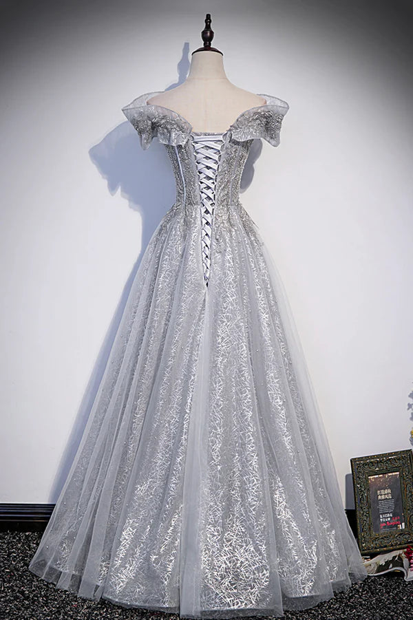 Gray Tulle Beaded Long A-Line Prom Dress Cute Evening Party Dress