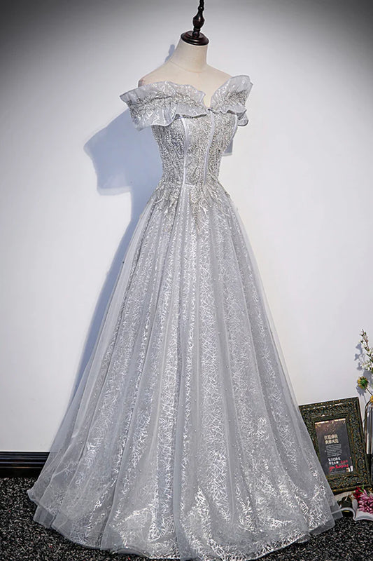 Gray Tulle Beaded Long A-Line Prom Dress Cute Evening Party Dress