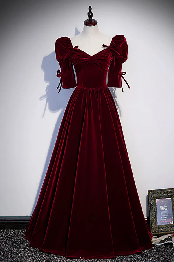 Burgundy Velvet Long Evening Party Dress A-Line Short Sleeve Prom Dress