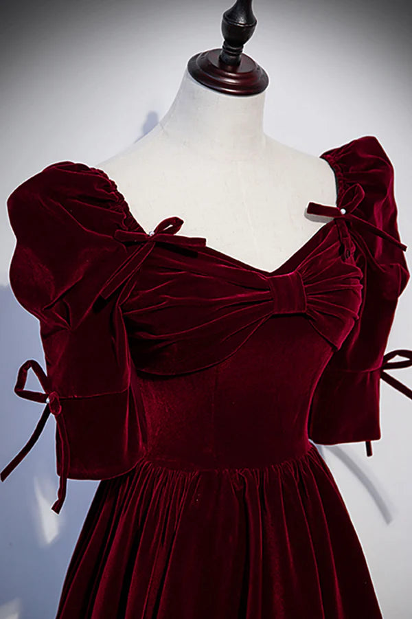 Burgundy Velvet Long Evening Party Dress A-Line Short Sleeve Prom Dress