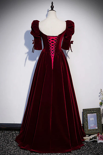 Burgundy Velvet Long Evening Party Dress A-Line Short Sleeve Prom Dress