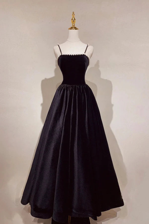 Black Velvet Long Prom Dress with Pearls Black Spaghetti Straps Evening Party Dress