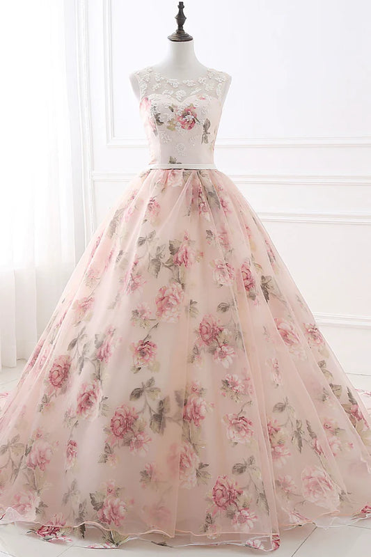 Cute Floral Long Prom Dress with Lace A-Line Scoop Neckline Party Dress