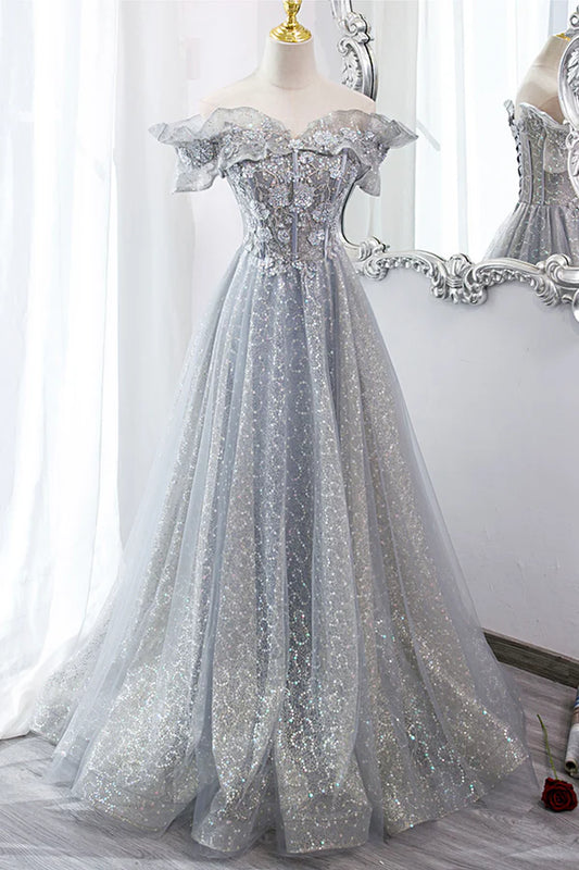 Gray Tulle Sequins Long A-Line Prom Dress Beautiful Off the Shoulder Graduation Dress