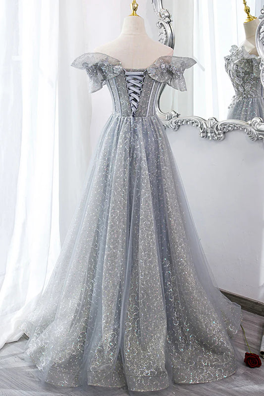 Gray Tulle Sequins Long A-Line Prom Dress Beautiful Off the Shoulder Graduation Dress