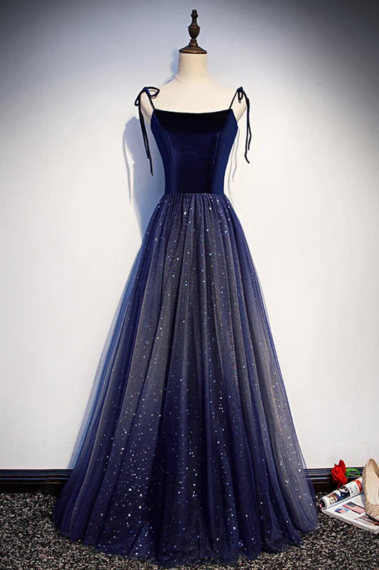 Blue Tulle Long A-Line Prom Dress Blue Spaghetti Strap Evening Party Dress