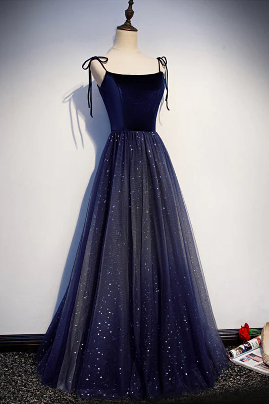 Blue Tulle Long A-Line Prom Dress Blue Spaghetti Strap Evening Party Dress