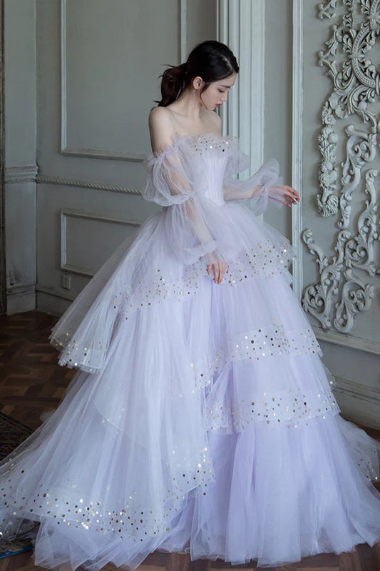 Purple Tulle Layers Long A-Line Prom Dress Off the Shoulder Evening Gown