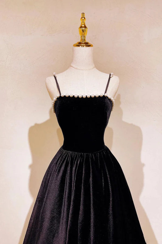 Black Velvet Long Prom Dress with Pearls Black Spaghetti Straps Evening Party Dress