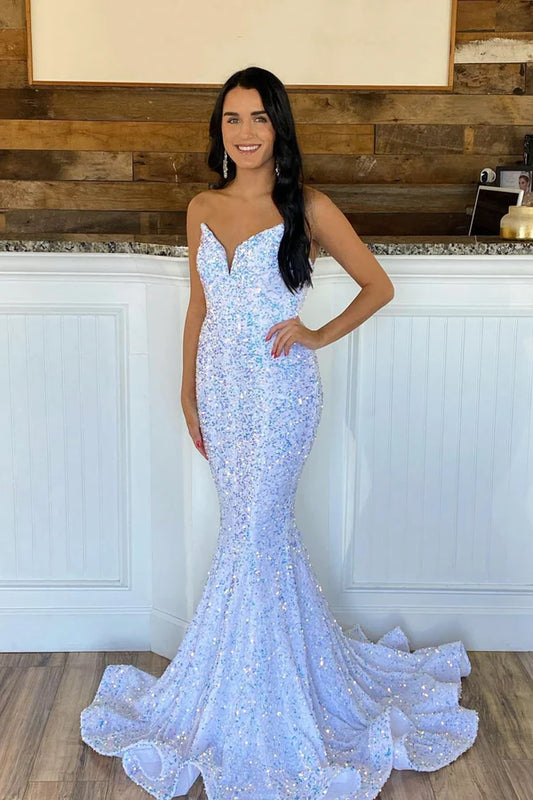 Mermaid Sequins Long Prom Dress White Strapless Evening Party Dress