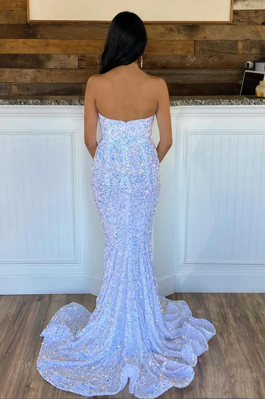 Mermaid Sequins Long Prom Dress White Strapless Evening Party Dress