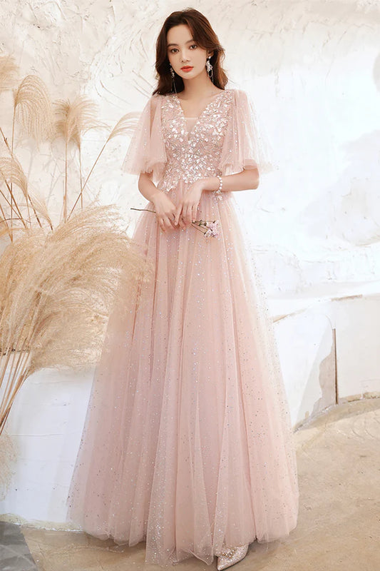 Pink V-Neck Tulle Long Prom Dress A-Line Evening Graduation Dress