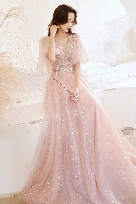 Pink V-Neck Tulle Long Prom Dress A-Line Evening Graduation Dress