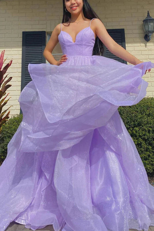 Purple Tulle Long A-Line Prom Dress V-Neck Spaghetti Straps Evening Dress