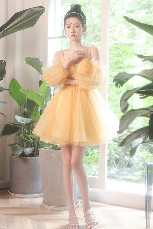 Yellow Tulle Short A-Line Prom Dress Yellow Homecoming Party Dress