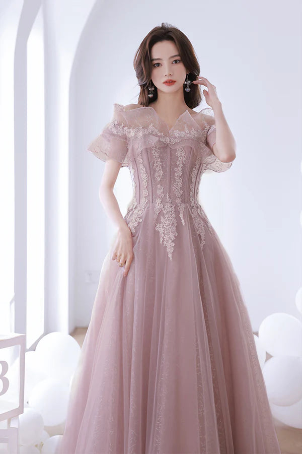 Pink Lace Off the Shoulder Prom Dress Cute Pink Graduation Dress