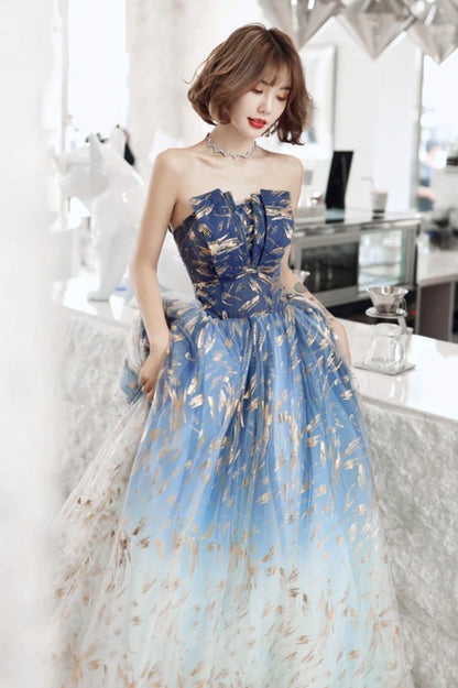 Blue Gradient Tulle Long Prom Dress A-Line Strapless Evening Party Dress