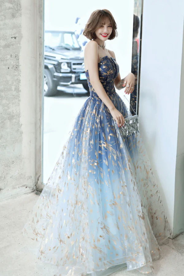 Blue Gradient Tulle Long Prom Dress A-Line Strapless Evening Party Dress