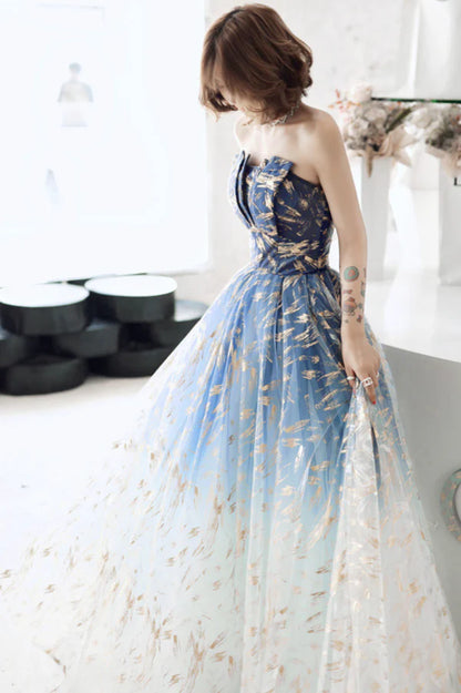 Blue Gradient Tulle Long Prom Dress A-Line Strapless Evening Party Dress