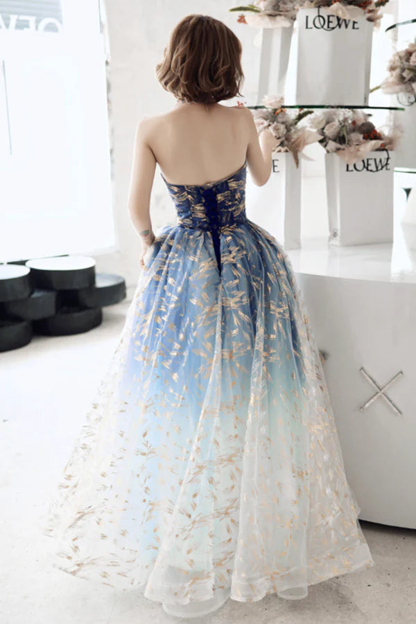 Blue Gradient Tulle Long Prom Dress A-Line Strapless Evening Party Dress