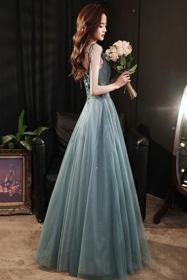 Beautiful Green Tulle Long Prom Dress A-Line Spaghetti Straps Evening Dress