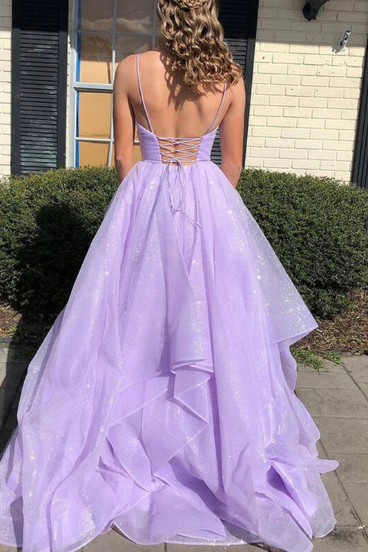 Purple Tulle Long A-Line Prom Dress V-Neck Spaghetti Straps Evening Dress