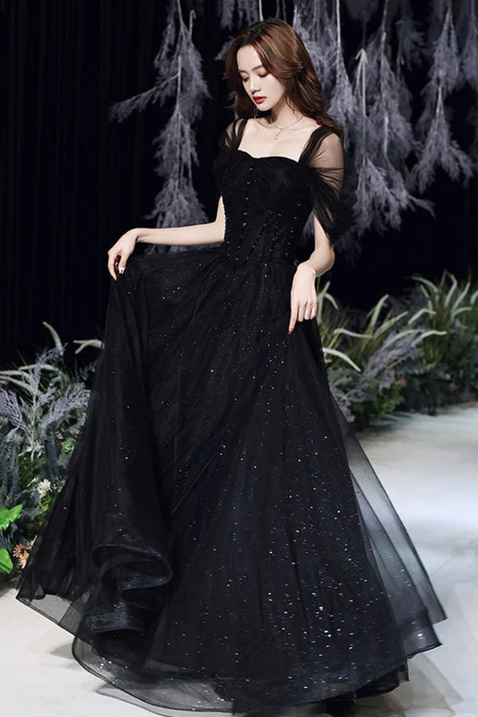 Black Tulle Sequins Long Prom Dress A-Line Evening Party Dress