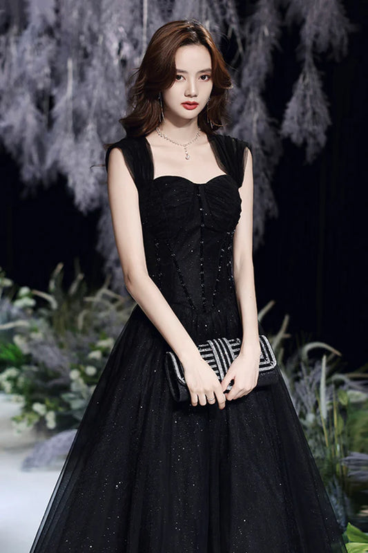 Black Tulle Sequins Long Prom Dress A-Line Evening Party Dress