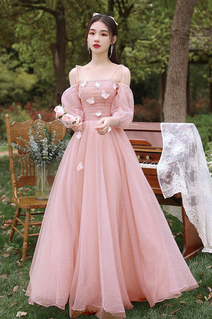 Pink Tulle Long A-Line Prom Dress Cute Pink Evening Party Dress