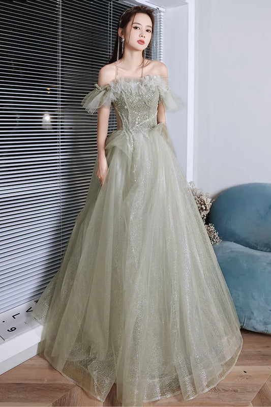 Green Shiny Tulle Long Prom Dress with Sequins Green Evening Graduation Dress