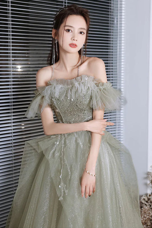 Green Shiny Tulle Long Prom Dress with Sequins Green Evening Graduation Dress