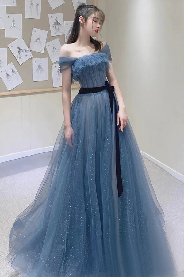 Blue Tulle Long A-Line Prom Dress Off the Shoulder Evening Graduation Dress