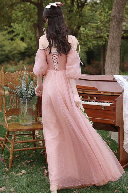 Pink Tulle Long A-Line Prom Dress Cute Pink Evening Party Dress