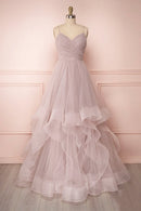 A-Line Tulle Layers Long Formal Dress Cute V-Neck Evening Party Dress