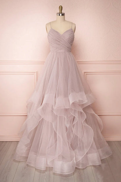 A-Line Tulle Layers Long Formal Dress Cute V-Neck Evening Party Dress