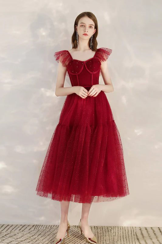 Burgundy Tulle Short Prom Dress Cute A-Line Homecoming Party Dress