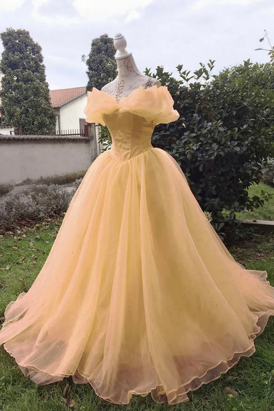 Yellow Tulle Long A-Line Prom Dress Off the Shoulder Evening Party Dress