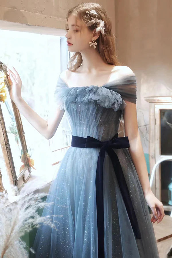 Blue Tulle Long A-Line Prom Dress Off the Shoulder Evening Graduation Dress