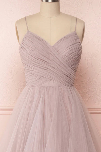 A-Line Tulle Layers Long Formal Dress Cute V-Neck Evening Party Dress