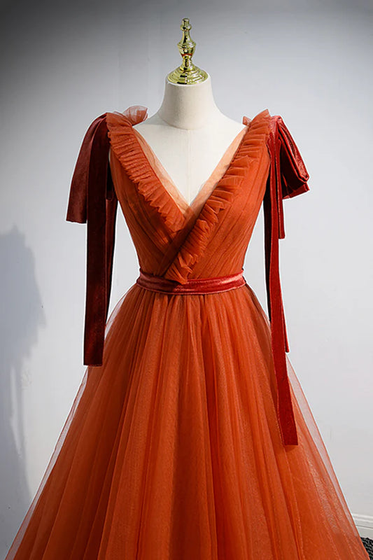 A-Line Tulle Long Prom Dress Orange V-Neck Long Simple Evening Dress