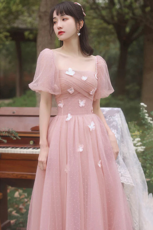 Pink Tulle Long A-Line Prom Dress Cute Pink Evening Party Dress