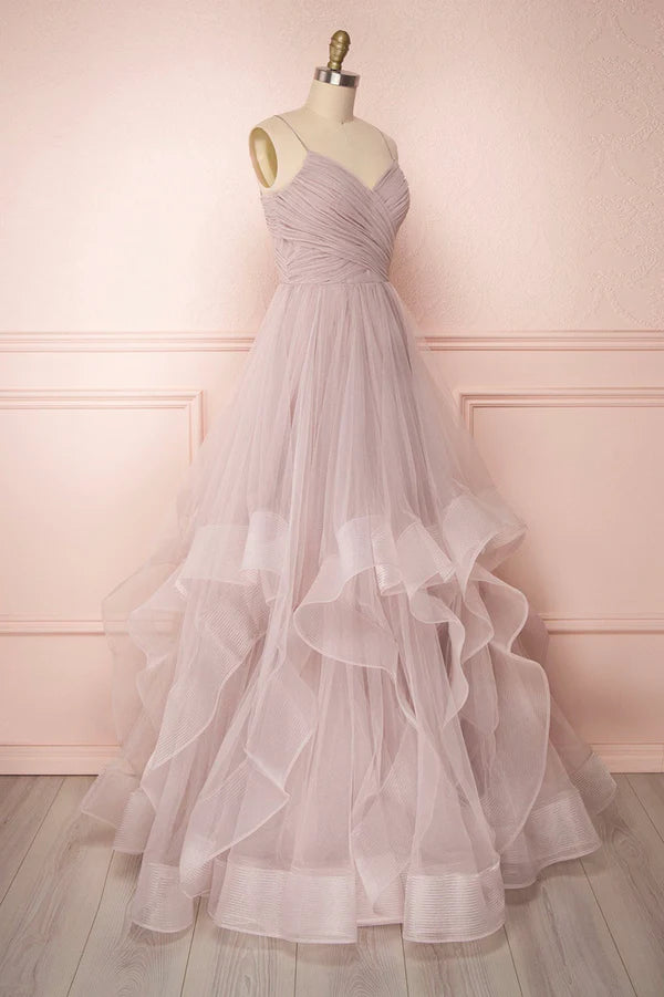 A-Line Tulle Layers Long Formal Dress Cute V-Neck Evening Party Dress