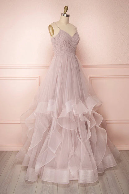 A-Line Tulle Layers Long Formal Dress Cute V-Neck Evening Party Dress