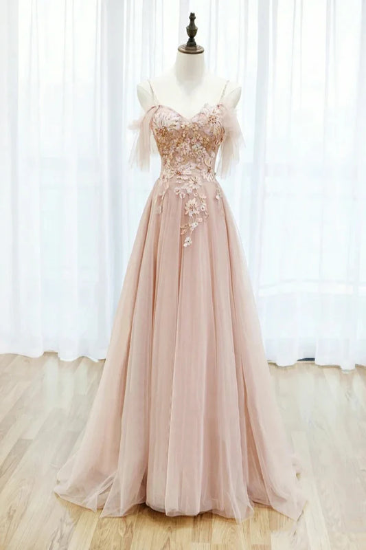 Pink Spaghetti Straps Lace Long Prom Dress A-Line Evening Graduation Dress